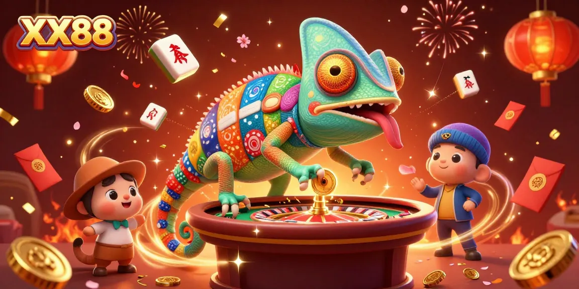 Experience the vibrant action of XX88, featuring a chameleon casino owner capturing golden coins amid gaming excitement.