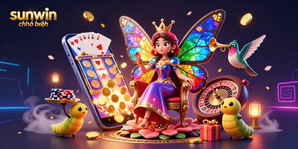 Experience thrilling gameplay with sunwin chính hãng showcasing a vibrant butterfly queen in a rich casino setting.