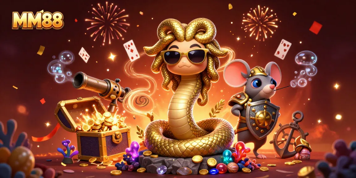 Experience MM88's vibrant gaming world with Medusa and a warrior mouse in an exciting casino scene.
