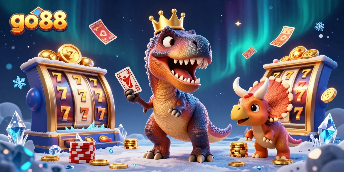 Experience the thrill of go 88 with a playful T-Rex and friends in a 3D casino scene.