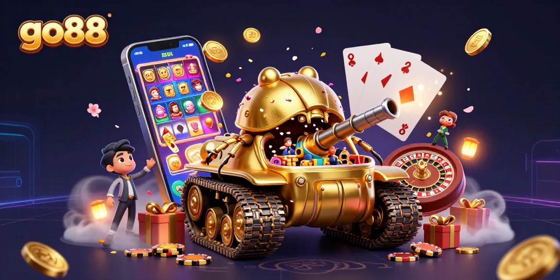 Experience immersive gaming action with go88 as golden coins and slot games burst from a colorful scene.