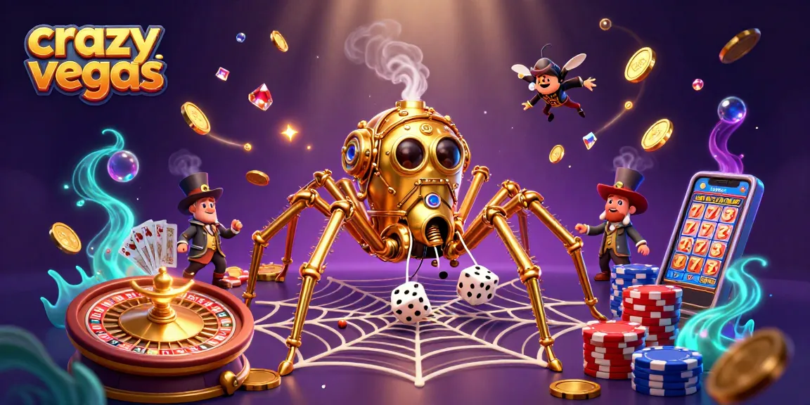 Experience thrilling wins at crazyvegas with a dynamic steampunk spider catching dice and coins.