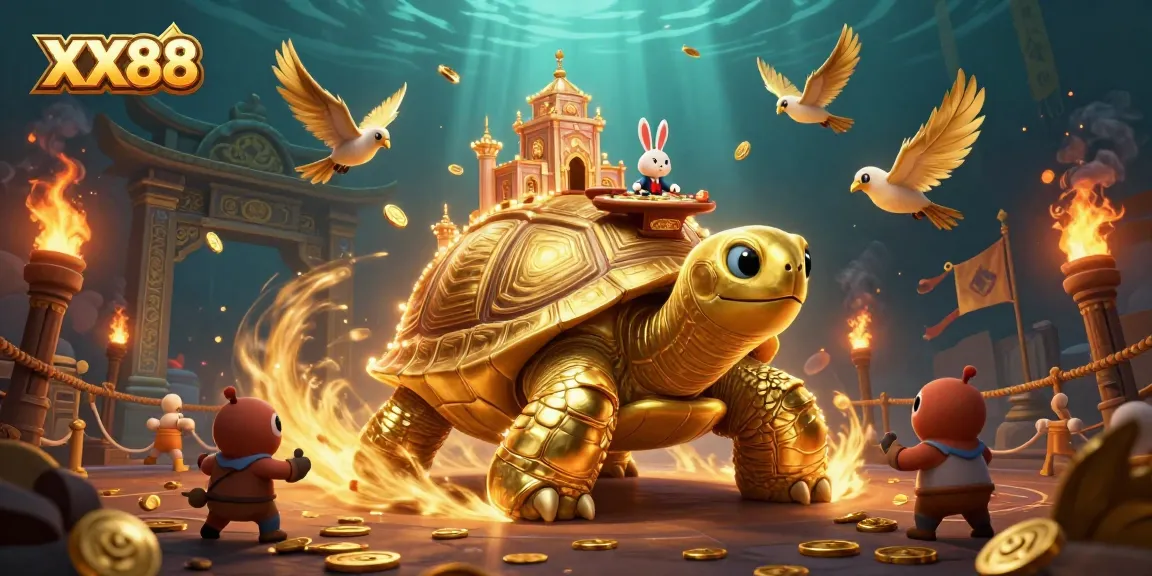 Experience winnings at XX88 with a playful scene of a dealer and golden tortoise amid festive casino elements.